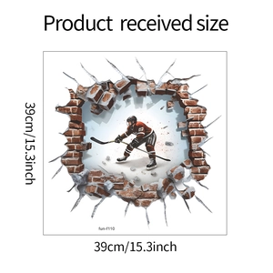 Detail view showing 39cm x 39cm size dimensions for the 3D hockey wall sticker product