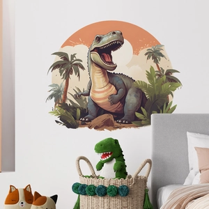 Cartoon T-Rex wall sticker for kids room with tropical jungle and sunset backdrop