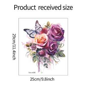 Detail showing 25cm x 29cm dimensions of purple rose and butterfly wall sticker
