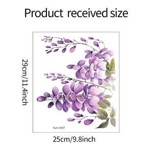 Detail showing purple floral vine wall sticker dimensions 29cm by 25cm on white background
