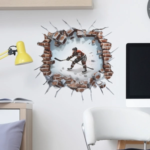 3D broken wall ice hockey player wall sticker for creative kids bedroom wall decoration
