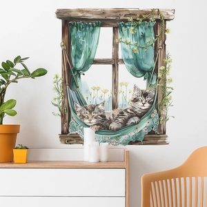 Watercolor cat hammock wall sticker with window frame for bedroom wall decoration