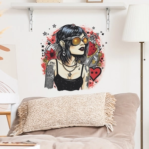 Detail of creative wall sticker featuring punk woman with sunglasses in modern living room
