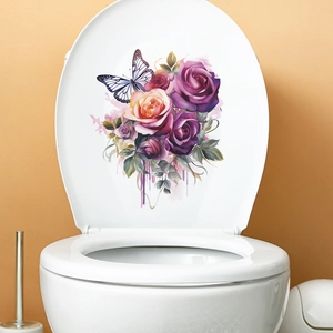 Watercolor purple rose and butterfly decal sticker for white ceramic toilet lid