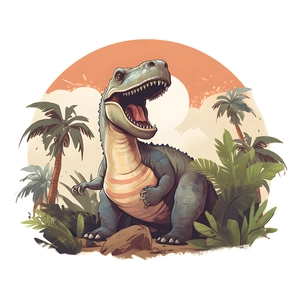 Cartoon dinosaur wall sticker with T-Rex and palm trees for kids room decor