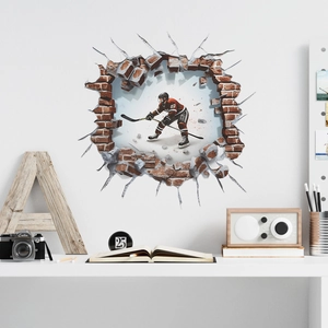 3D Ice Hockey Player Breaking Through Wall Sticker PVC Removable Creative Wall Decal For Kids Room Living Room Decor