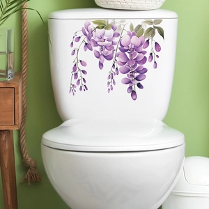 Purple Wisteria Floral Toilet Sticker Waterproof PVC Flower Vine Leaf Wall Decal For Bathroom Restroom Home Decor