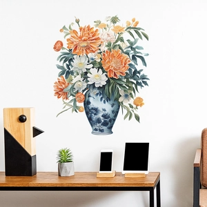 Detail of creative floral wall sticker featuring colorful vases and vibrant blooming flowers