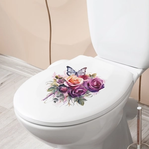 Modern bathroom toilet sticker featuring purple roses and butterflies on white lid