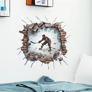 Detail of 3D ice hockey player wall sticker showing broken wall effect on white bedroom wall