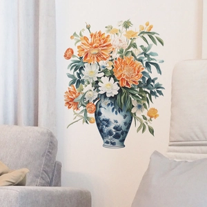 Creative painted floral vase wall sticker with orange flowers and blue white vase