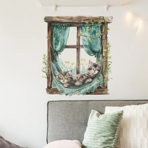 Watercolor creative 3D fake window wall sticker with two cute kittens sleeping in a hammock