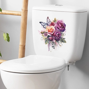 Purple and orange rose flower wall stickers with butterfly for bathroom decor