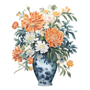 Creative painted flower vase wall sticker with orange peonies and blue porcelain motif