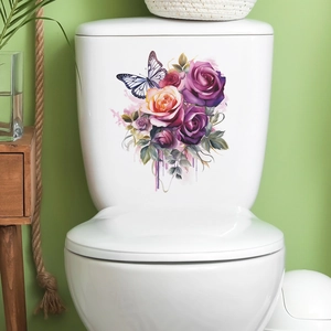 Watercolor Purple Rose Butterfly Toilet Sticker PVC Waterproof Removable Bathroom Wall Decal Home Decoration Mural Sticker