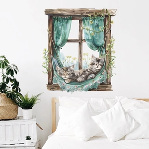 Watercolor cat wall sticker with vintage faux window and kittens sleeping on hammock