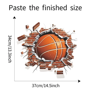 Detailed dimensions of 3D basketball wall sticker showing 37cm width and 34cm height