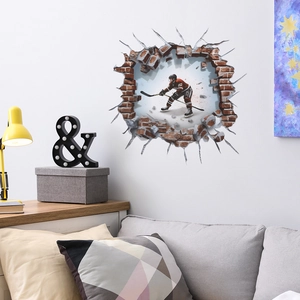 3D hockey player wall decal with cracked wall effect for boys bedroom decor
