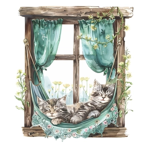 Creative fake window wall sticker featuring two sleeping tabby kittens on a lace hammock