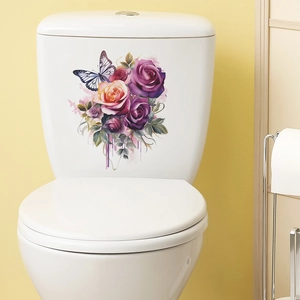 Detail of purple roses and blue butterfly waterproof PVC wall sticker on toilet tank