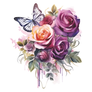 Watercolor purple rose flower and butterfly decorative wall sticker for bathroom decor