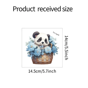 Detail showing cartoon panda flower basket wall sticker with dimensions 14.5cm x 14cm
