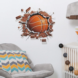 3D basketball crashing through red brick wall wall decal for creative home decor