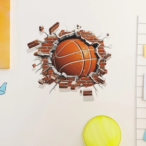 Macro detail of a 3D basketball wall sticker crashing through a realistic brick wall