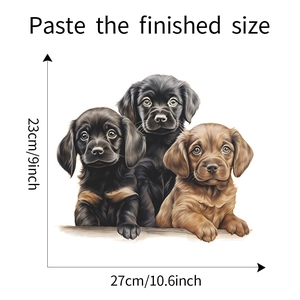 Detail view of cartoon dog stickers featuring three puppies with 27x23cm dimensions