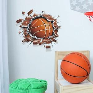 3D basketball wall sticker breaking through red brick wall for home sports decor
