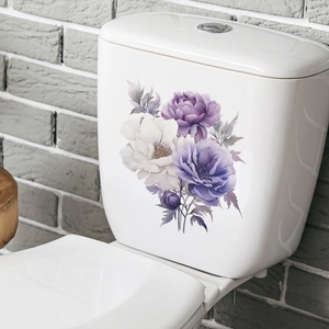 Elegant purple and white peony flower toilet lid sticker on white ceramic surface