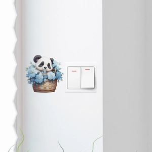 Cute panda in flower basket wall sticker for light switch decor on white wall