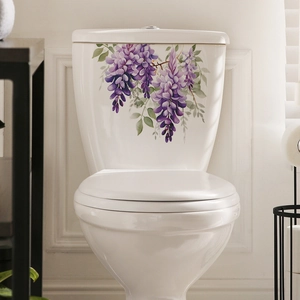 Artistic purple wisteria floral wall stickers applied to a white ceramic toilet tank decor