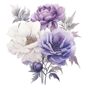 Elegant purple peony floral wall sticker set with watercolor style on white background