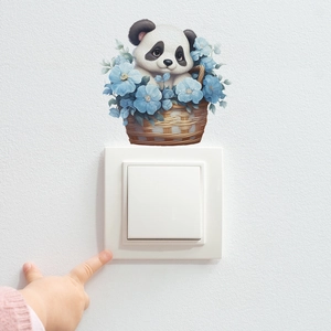 Cute panda in flower basket wall sticker for light switch decor in minimalist white room