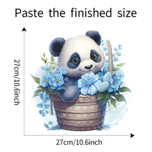 Detail view of cute panda in flower basket wall sticker with dimensions 27cm x 27cm