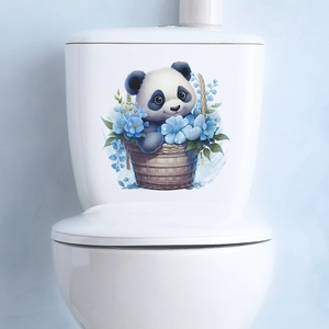 Cute panda in flower basket toilet lid decal for bathroom home wall decoration