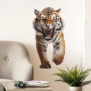 3D fierce tiger wall sticker showing a roaring tiger jumping from a modern living room wall