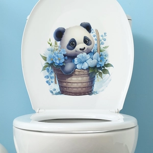 Cute Panda Sitting In Flower Basket Toilet Lid Sticker Waterproof PVC Cartoon Panda Floral Bathroom Decorative Wall Decal