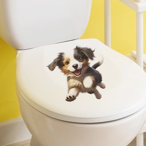 Niedlicher Cartoon-Hund-Wandaufkleber für Badezimmer-WC-Deckel Deko in heller Umgebung