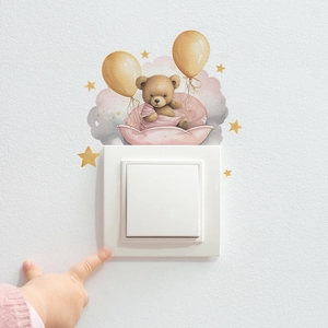 Cute teddy bear on pink clouds with balloons decorative wall sticker for light switch