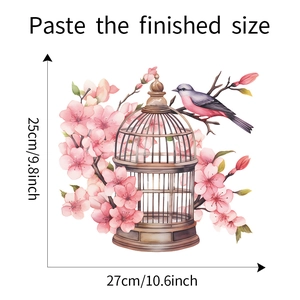 Detail of cartoon birdcage and pink cherry blossom wall decal with 27x25cm size spec