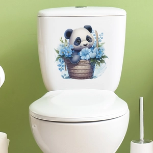 Cute cartoon panda and blue flowers wall sticker on white ceramic toilet tank