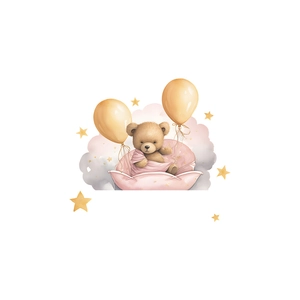 Cartoon teddy bear with pink blanket and gold balloons wall sticker for nursery home decor
