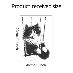 Tableau des tailles détaillé pour sticker mural chat sur balançoire, mesure 29x20cm