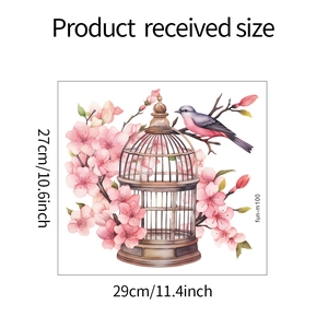 Detailed view of bird cage and cherry blossom wall sticker with dimensions 29x27cm