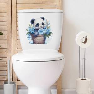 Cute panda in a flower basket toilet sticker for creative bathroom home wall decoration