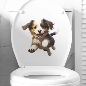 3D Effekt Glücklicher Welpe Hund Toilettendeckel Aufkleber PVC Wasserdicht Cartoon Tier Wandaufkleber Für Badezimmer Dekoration