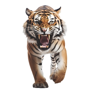 Fierce roaring tiger wall sticker with realistic orange and black fur detail on white