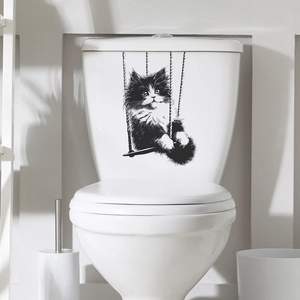 Sticker de Toilette Chat Cartoon Balançoire PVC Imperméable Amovible Animal Décalcomanie Murale pour Salle de Bain Décoration